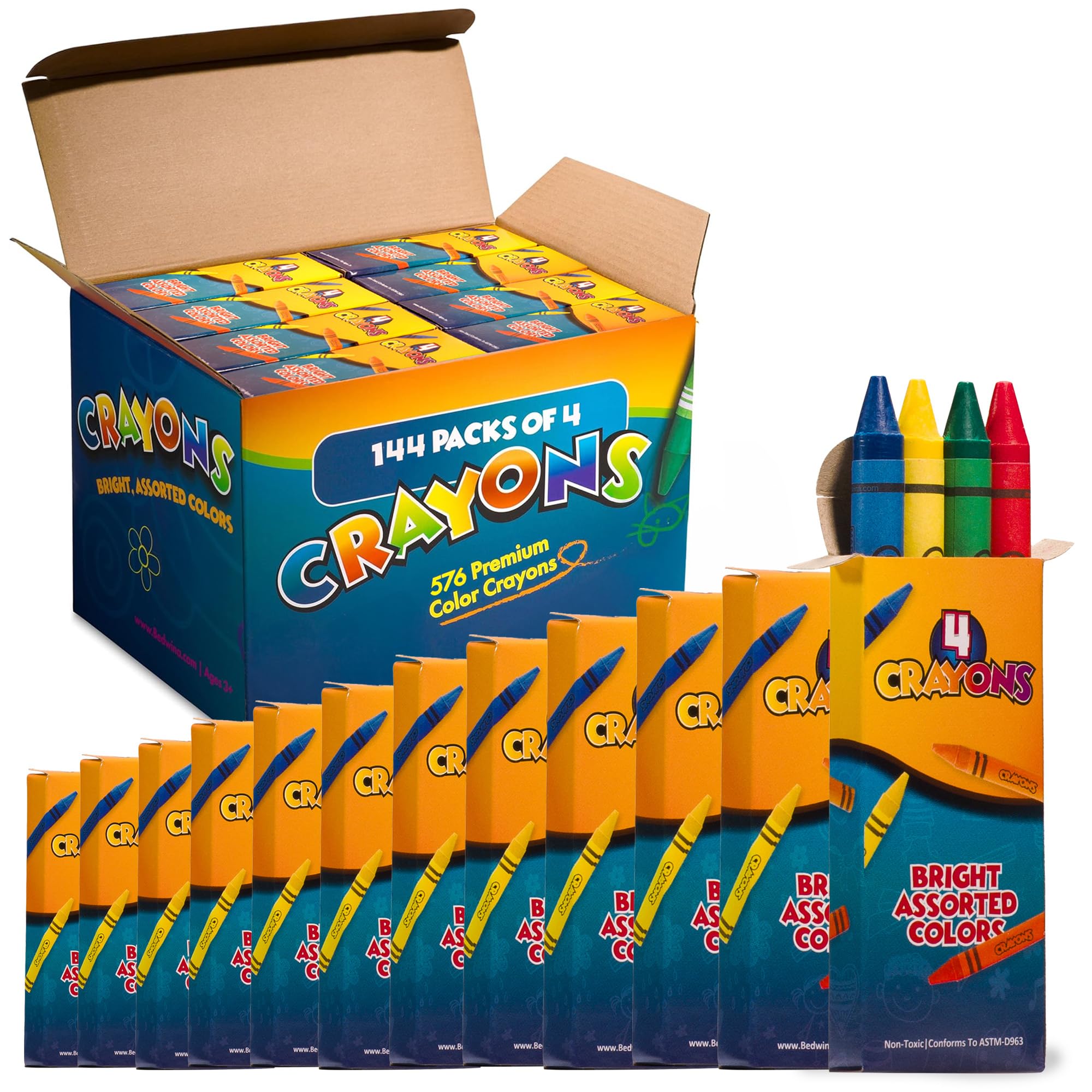 Bedwina Colors Crayons in Bulk - 576 Color Crayons! Box of 144 4-Packs